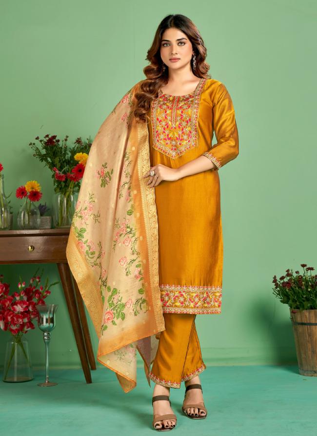 Silk Mustard Festival Wear Embroidery Work Readymade Kurti Set